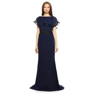 NWT Badgley Mischka Plisse Ruffle Embellished Maxi Formal Dress Navy Blue 14